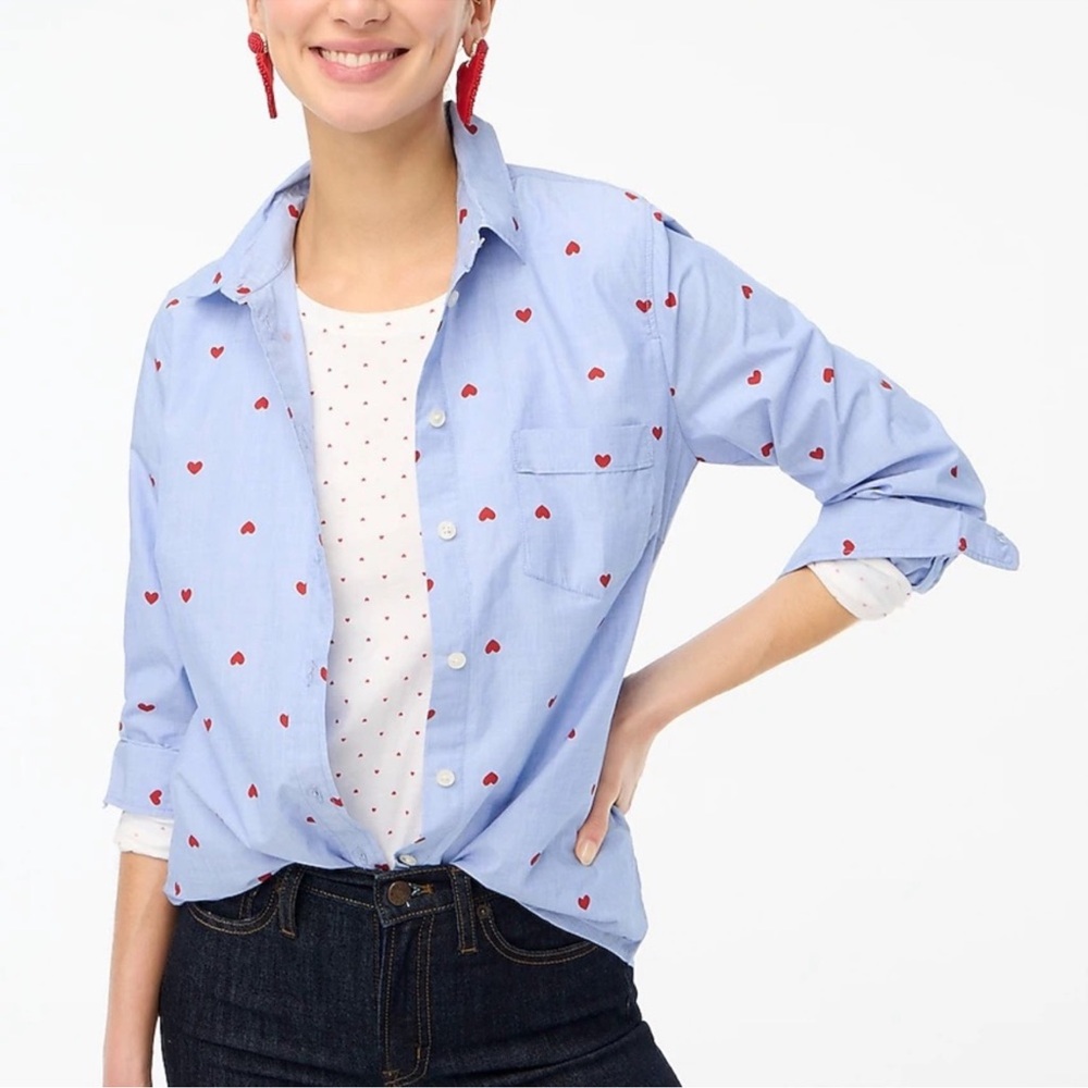 J. Crew Light Blue Button-Down Shirt with Red Heart Print